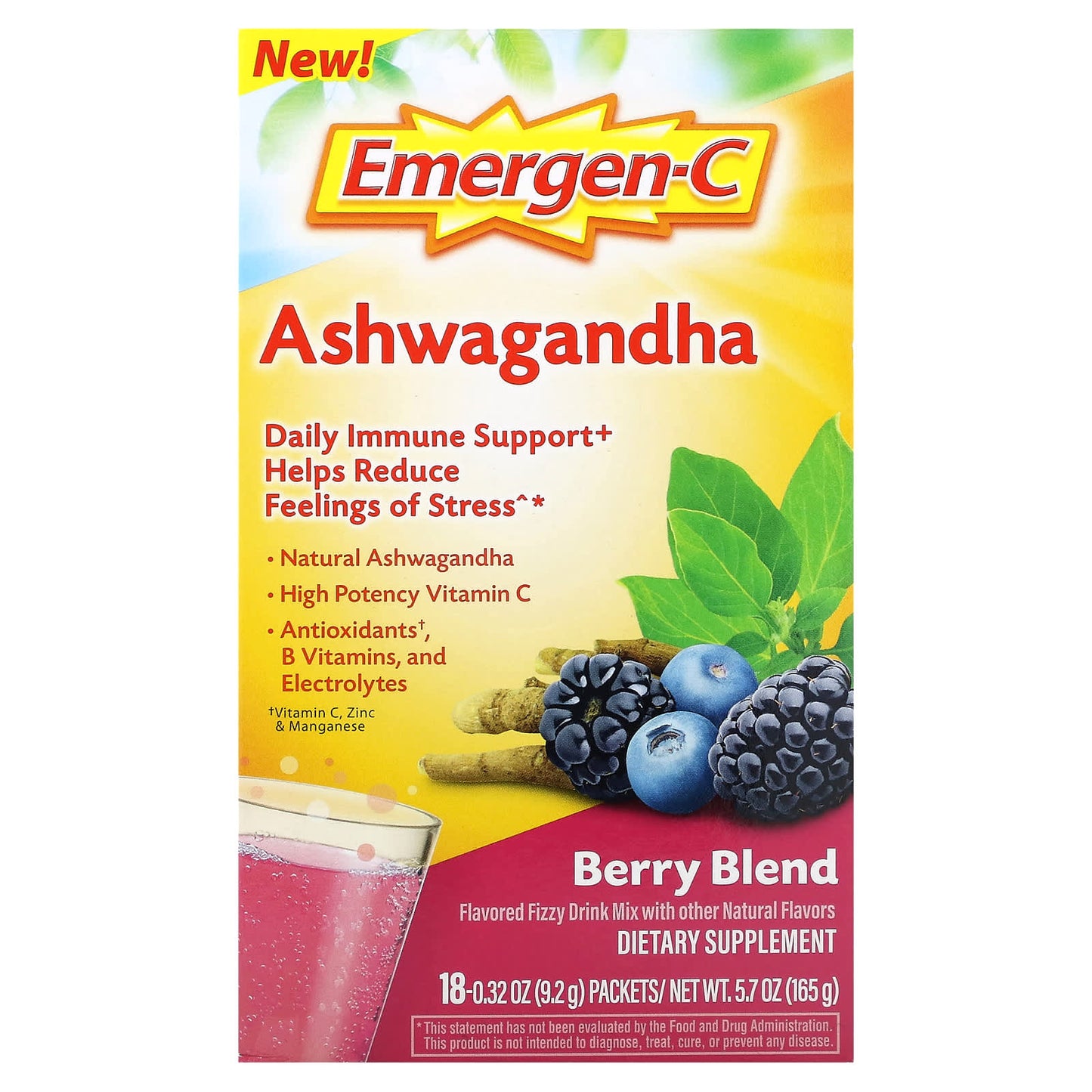 Emergen-C-Ashwagandha-Berry Blend-18 Packets-0.32 oz (9.2 g) Each