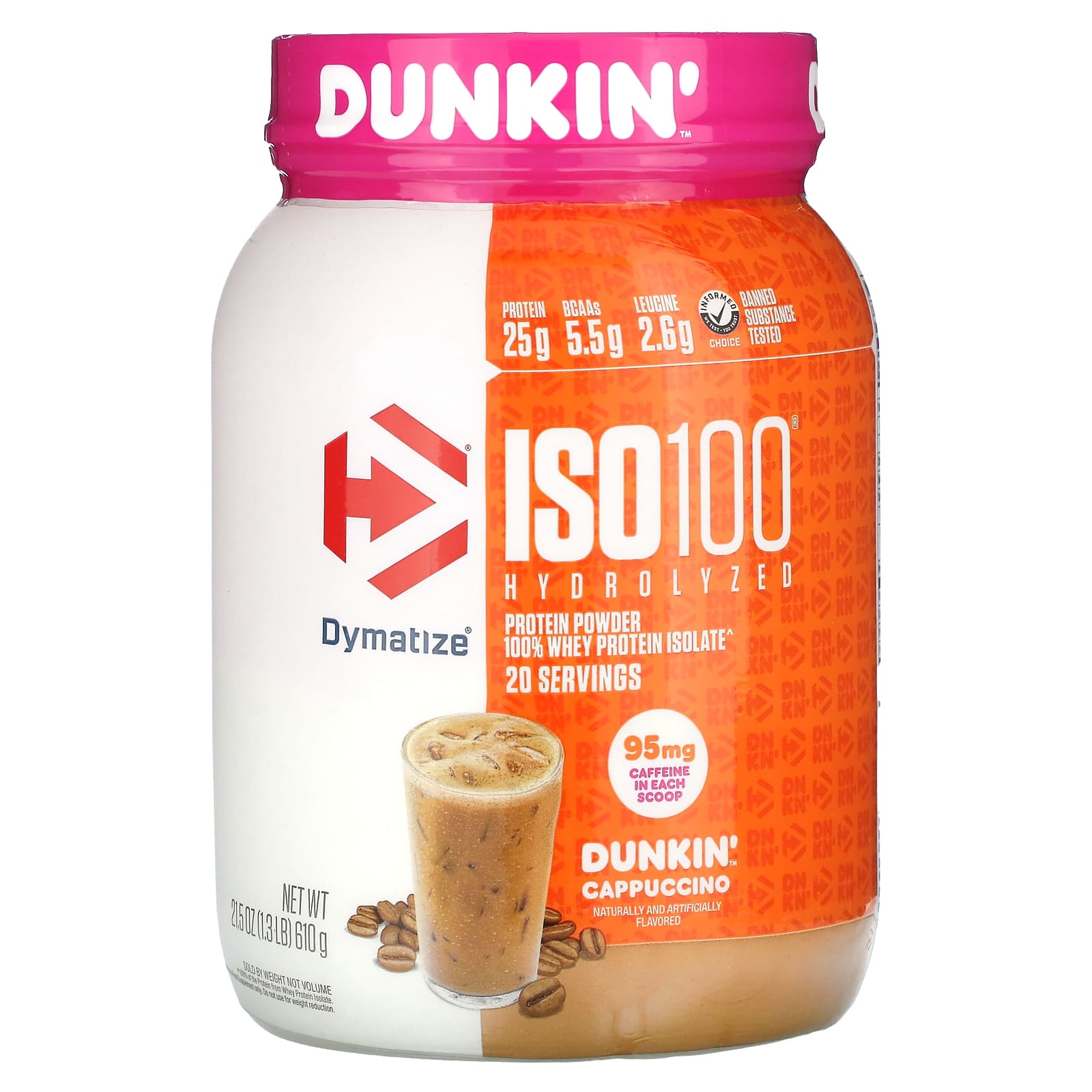 Dymatize-ISO100 Hydrolyzed-100% Whey Protein Isolate-Dunkin’ Cappuccino-1.3 lb (610 g)