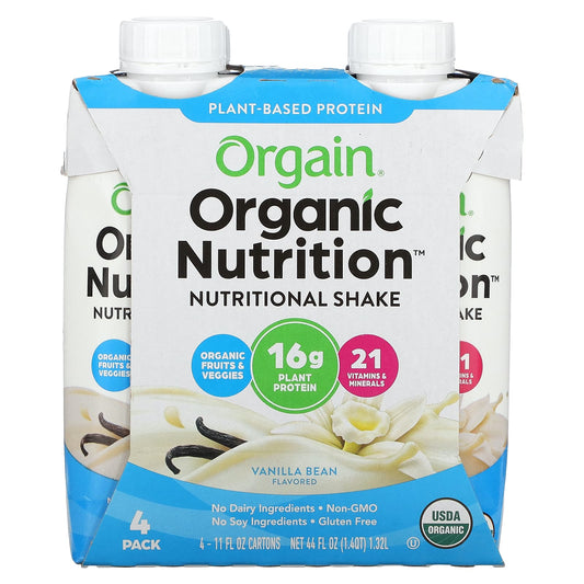 Orgain-Organic Nutrition-Nutritional Shake- Vanilla Bean-4 Pack-11 fl oz (330 ml) Each