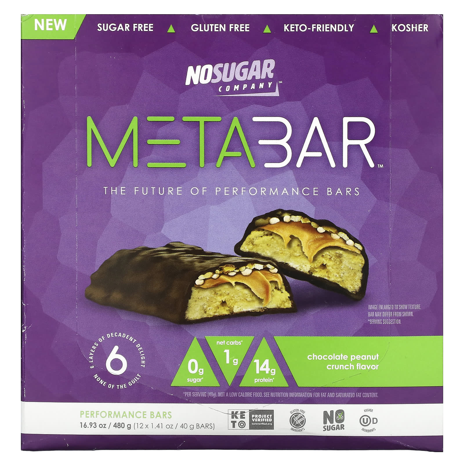 No Sugar Company-MetaBar-Chocolate Peanut Crunch-12 Bars-1.41 oz (40 g) Each