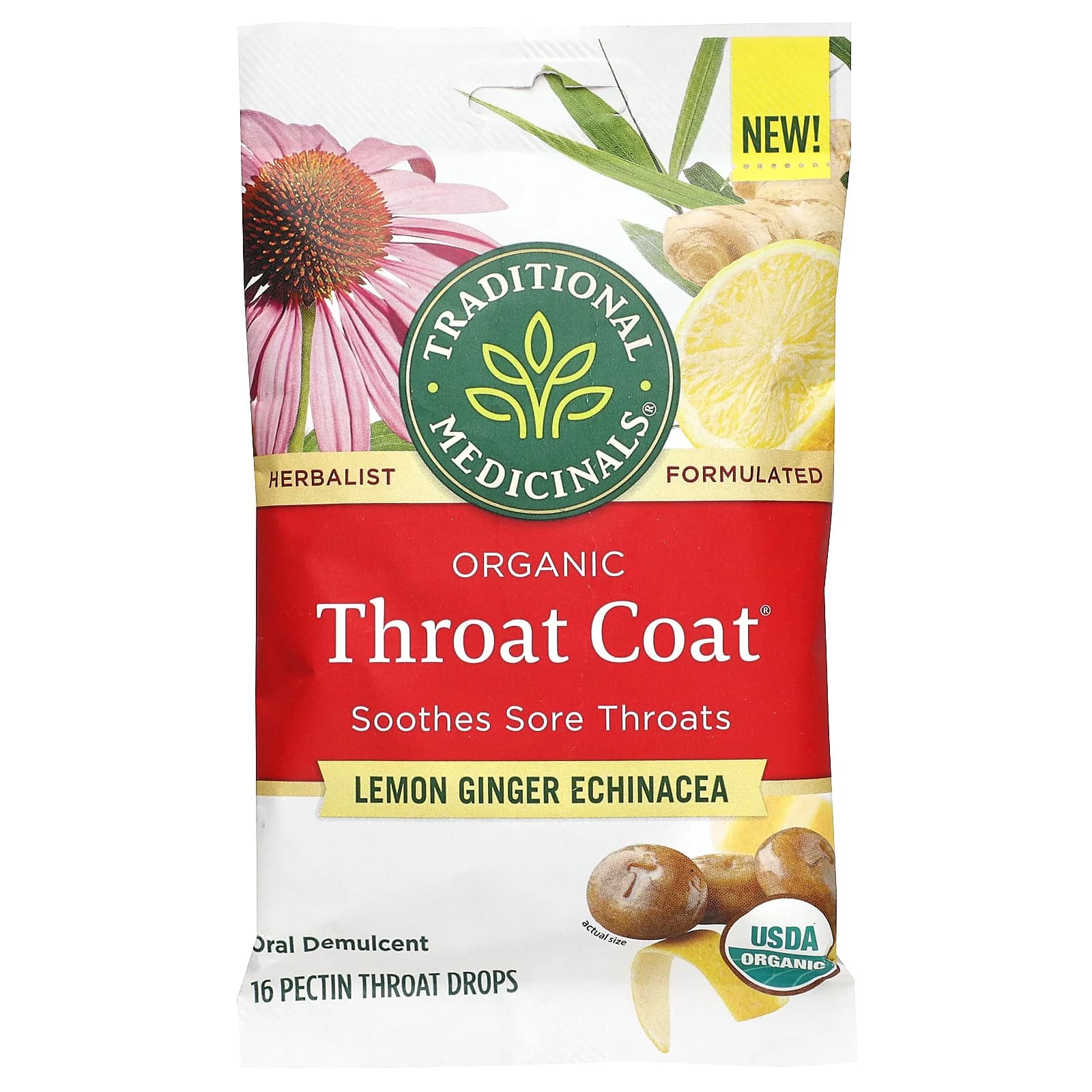 Traditional Medicinals-Organic Throat Coat Drops-Lemon Ginger Echinacea-16 Drops