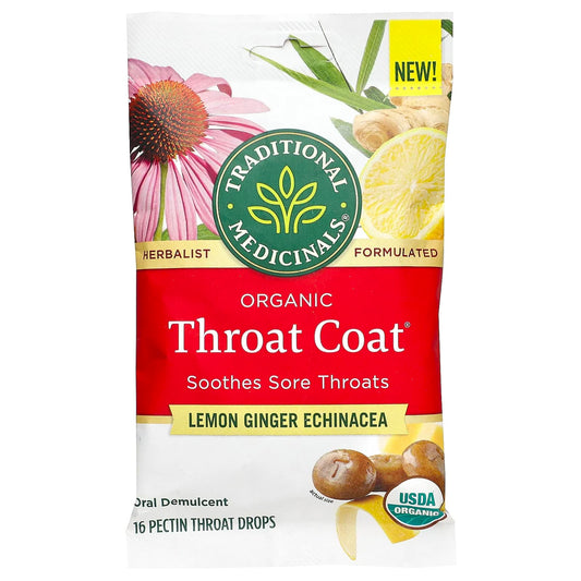 Traditional Medicinals-Organic Throat Coat Drops-Lemon Ginger Echinacea-16 Drops