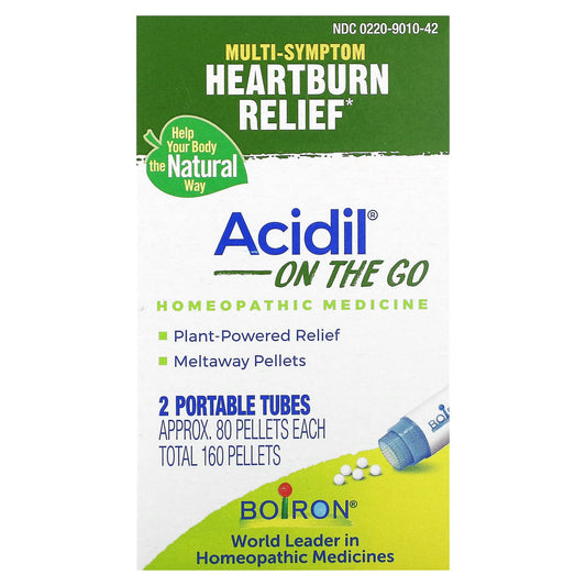 Boiron-Acidil On The Go-Multi-Symptom Heartburn Relief-2 Portable Tubes-80 Pellets Each