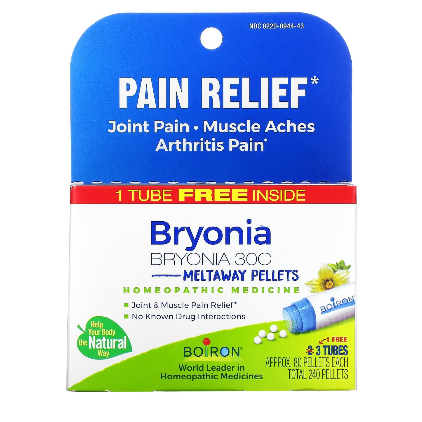 Boiron-Bryonia-Pain Relief-Meltaway Pellets-30C-3 Tubes-80 Pellets Each