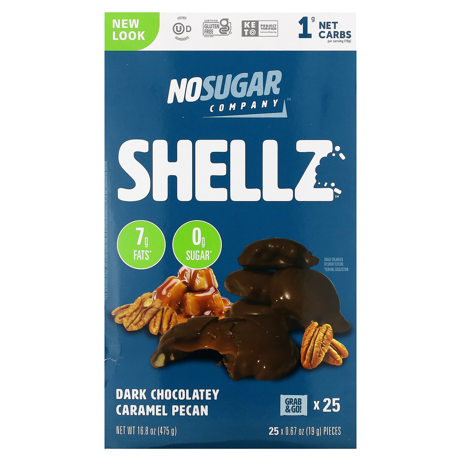 No Sugar Company-Shellz-Dark Chocolatey Caramel Pecan-25 Pieces-0.67 oz (19 g) Each