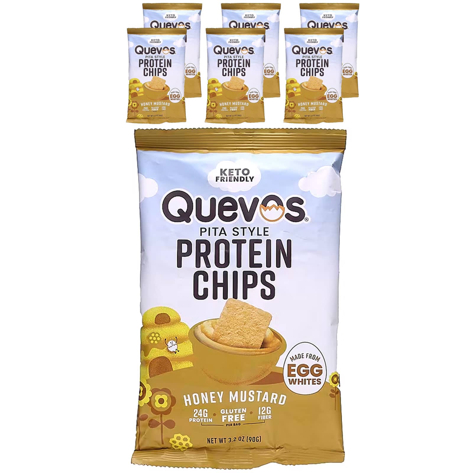 Quevos-Pita Style Protein Chips-Honey Mustard-6 Family Pack Bags-3.2 oz (90 g) Each