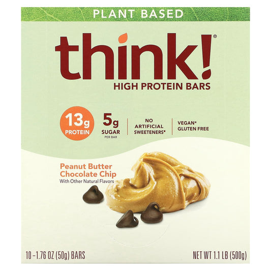 Think !-High Protein Bars-Peanut Butter Chocolate Chip-10 Bars-1.76 oz (50 g) Each