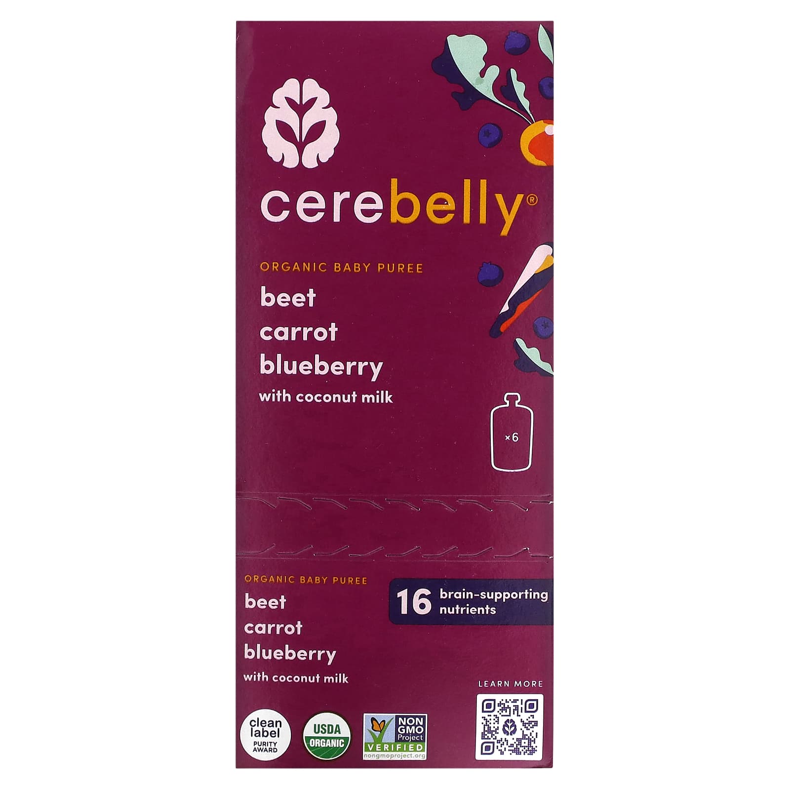 Cerebelly-Organic Baby Puree-Beet-Carrot-Blueberry with Coconut Milk-6 Pouches-4 oz (113 g) Each