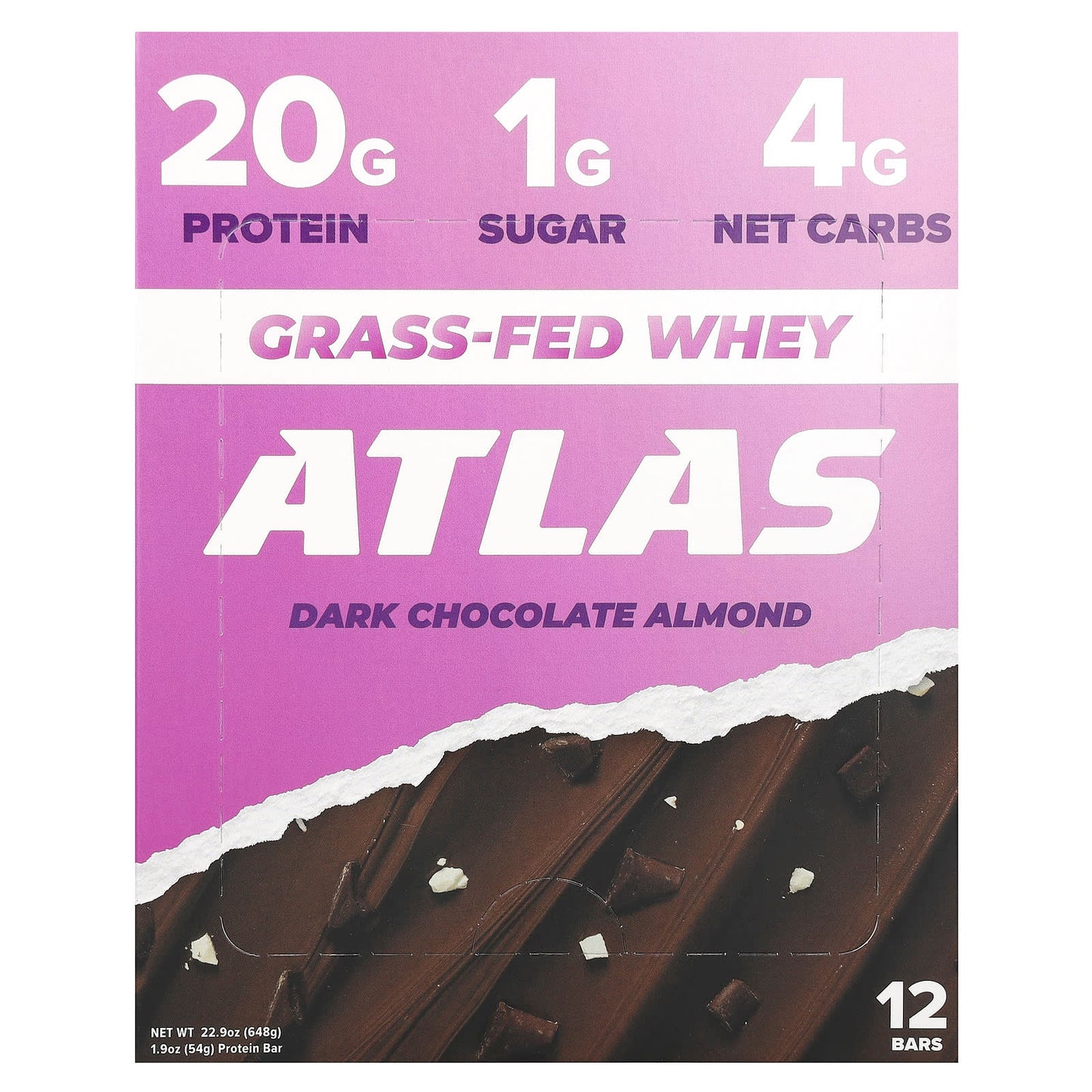 Atlas Bar-Grass-Fed Whey Protein Bar-Dark Chocolate Almond-12 Bars-1.9 oz (54 g) Each