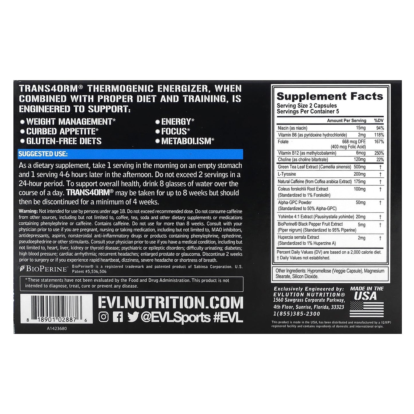 EVLution Nutrition, Trans4orm, Energized Weight Loss Support, 10 Veggie Capsules