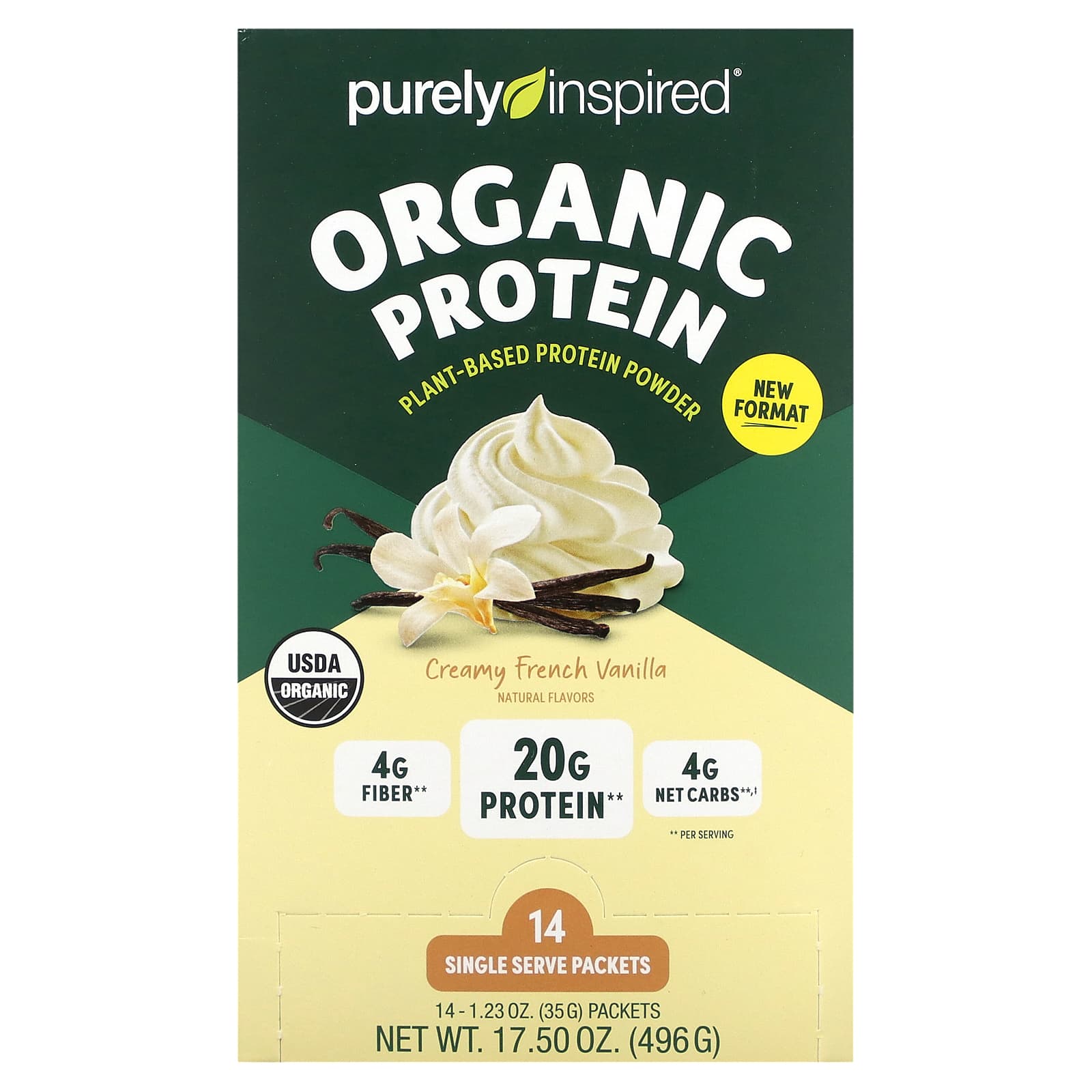 Purely Inspired-Organic Plant-Based Protein Powder-Creamy French Vanilla-14 Single Serve Packets-1.23 oz (35 g) Each