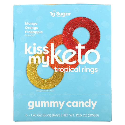 Kiss My Keto-Gummy Candy-Tropical Rings-Mango Orange Pineapple-6 Bags-1.76 oz (50 g ) Each