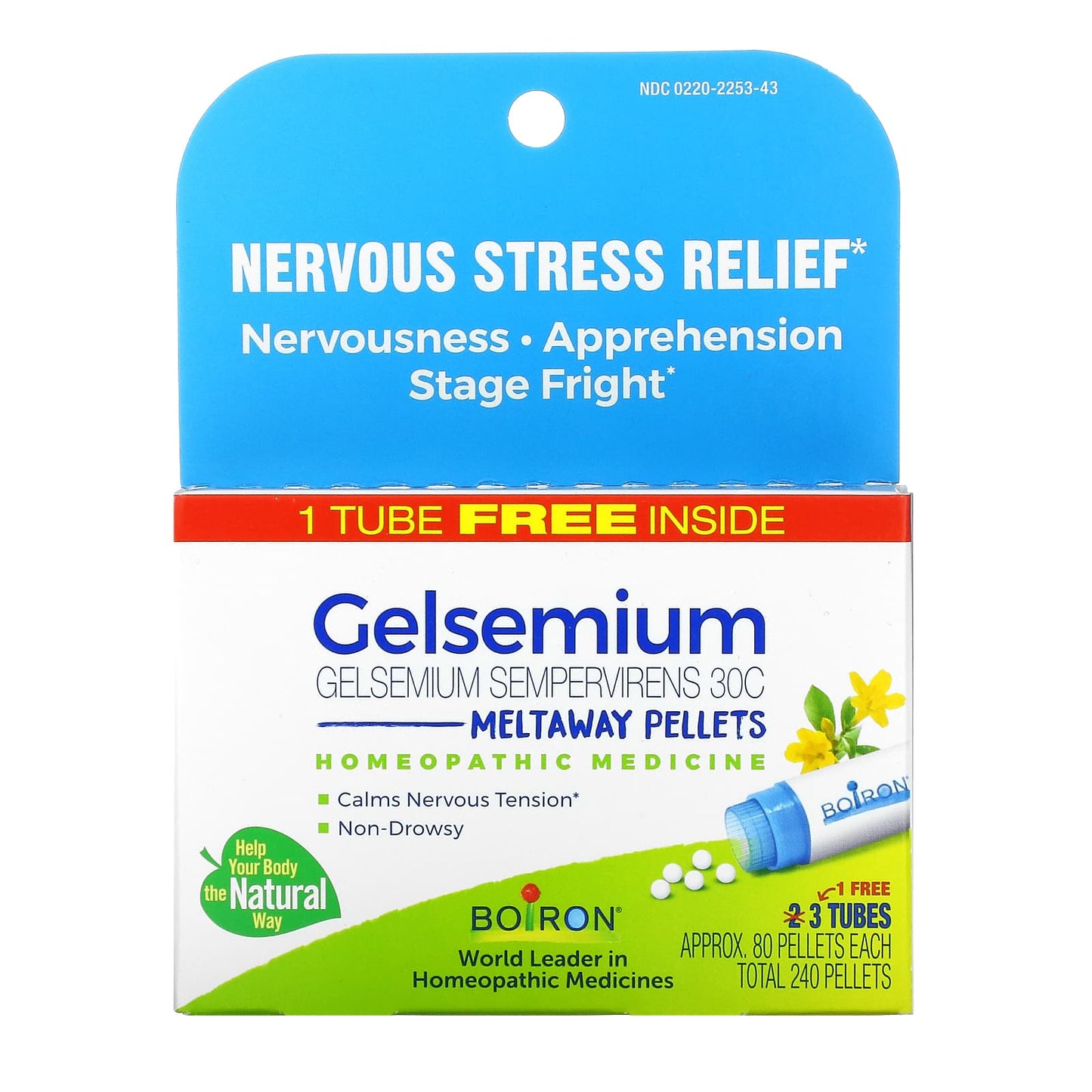 Boiron-Gelsemium-Nervous Stress Relief-Meltaway Pellets-30C-3 Tubes-Approx. 80 Pellets Each