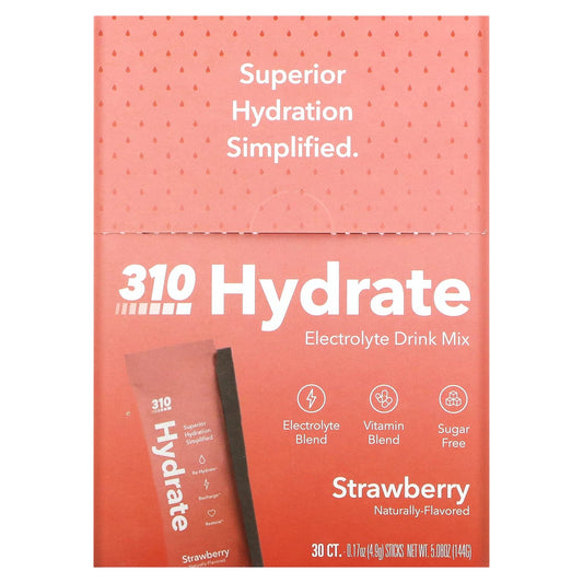 310 Nutrition-Hydrate-Electrolyte Drink Mix-Strawberry-30 Sticks-0.17 oz (4.9 g) Each