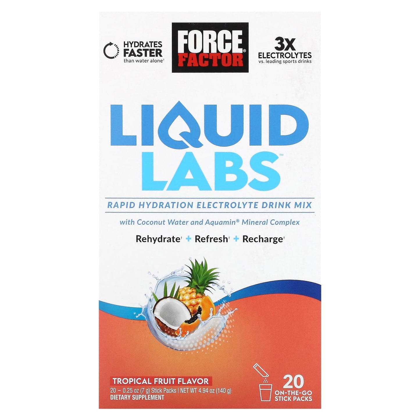 Force Factor-Liquid Labs-Rapid Hydration Electrolyte Drink Mix-Tropical Fruit-20 Stick Packs-0.25 oz (7 g) Each