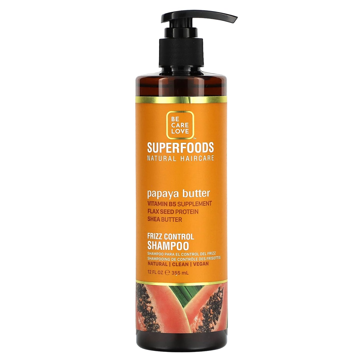 Be Care Love-Superfoods-Natural Hair Care-Frizz Control Shampoo-Papaya Butter-12 fl oz (355 ml)