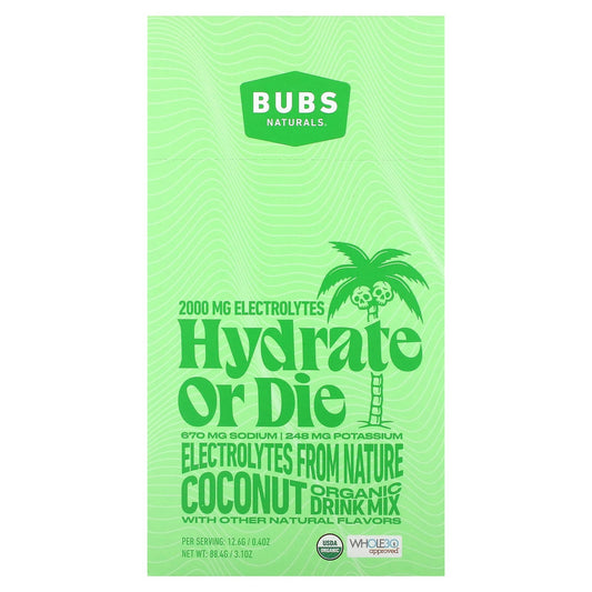 BUBS Naturals-Hydrate or Die-Organic Electrolyte Drink Mix-Coconut -7 Sticks-0.4 oz (12.6 g) Each