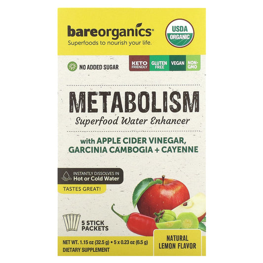 BareOrganics-Metabolism-Superfood Water Enhancer-Natural Lemon-5 Stick Packets-0.23 oz (6.5 g) Each