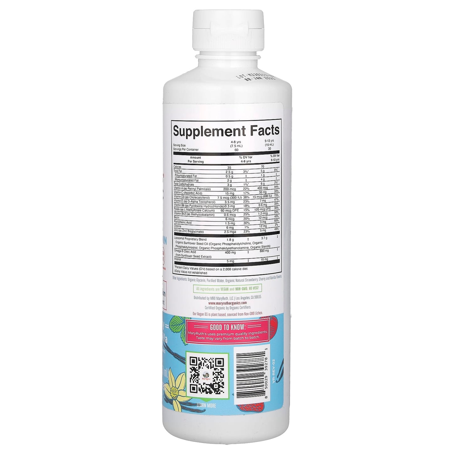 MaryRuth's, Organic Kids, Multivitamin Liposomal, Ages 4-13 Years, Strawberry Cherry Vanilla, 15.22 fl oz (450 ml)