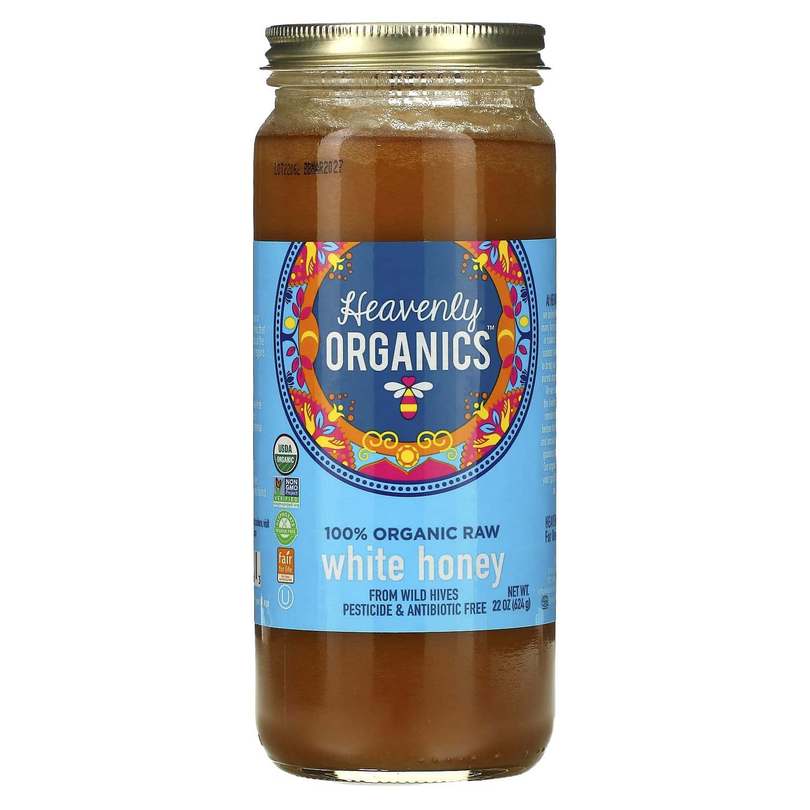 Heavenly Organics-100% Organic Raw White Honey -22 oz (624 g)