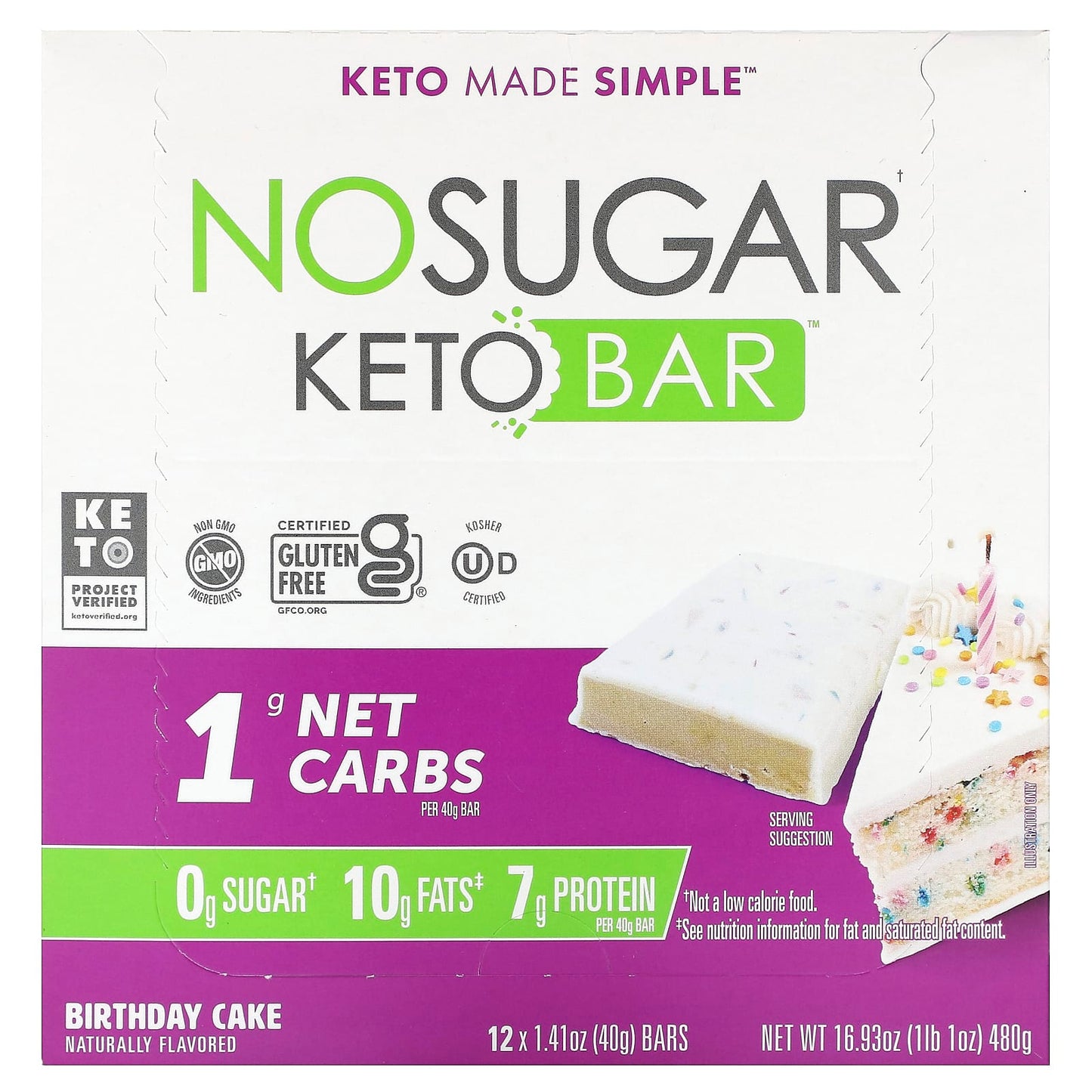 No Sugar Company-Keto Bar-Birthday Cake-12 Bars-1.41 oz (40 g) Each