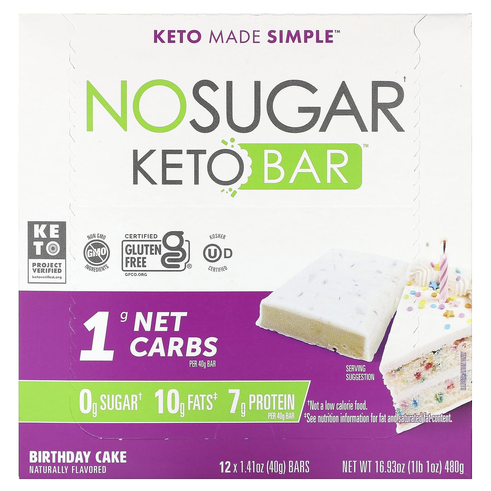 No Sugar Company-Keto Bar-Birthday Cake-12 Bars-1.41 oz (40 g) Each