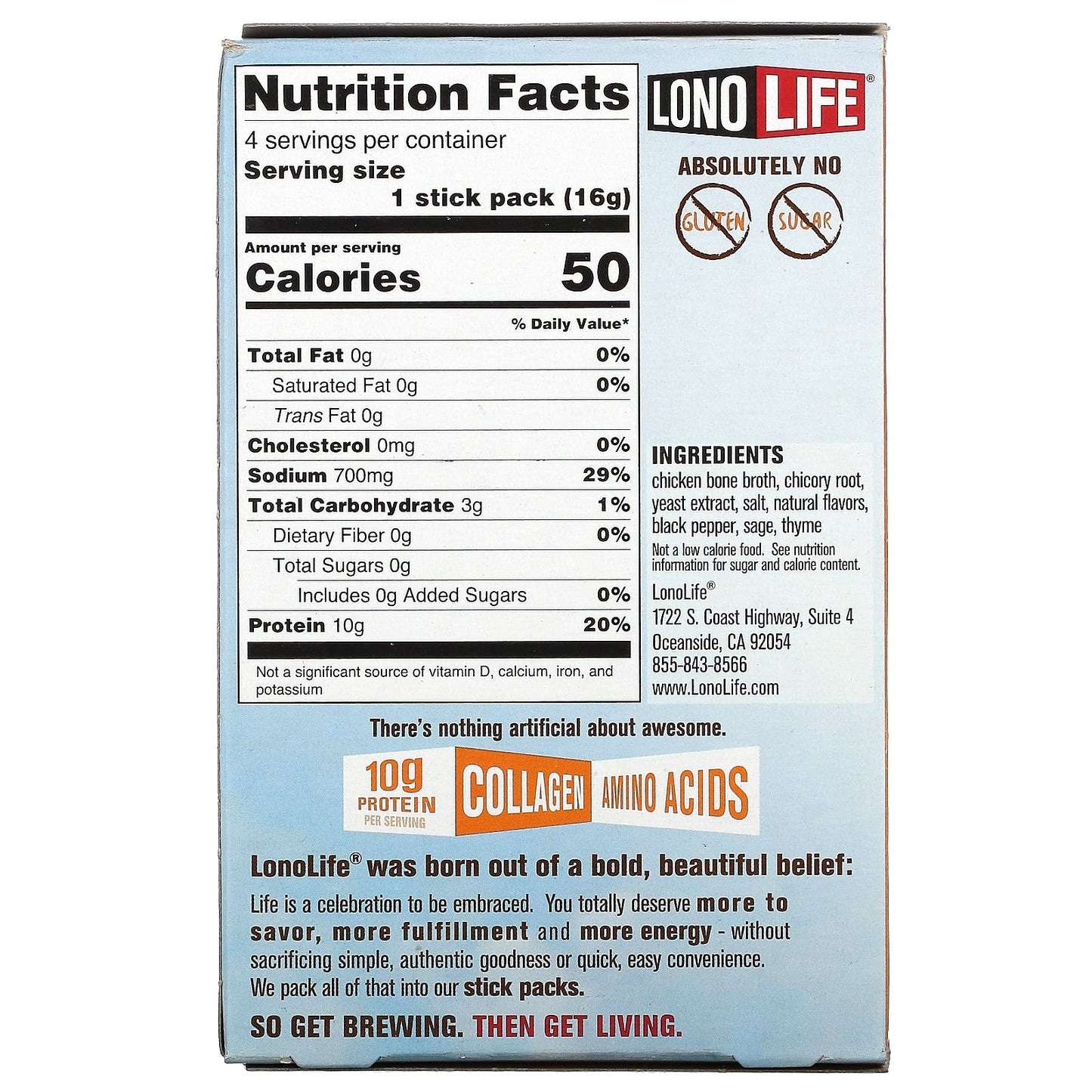 Lonolife, Broth, Chicken Bone, Paleo, 4 Stick Packs, .56 oz (16 g) Each