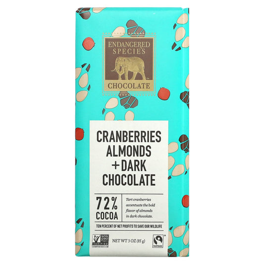 Endangered Species Chocolate-Cranberries-Almonds + Dark Chocolate-72% Cocoa-3 oz (85 g)