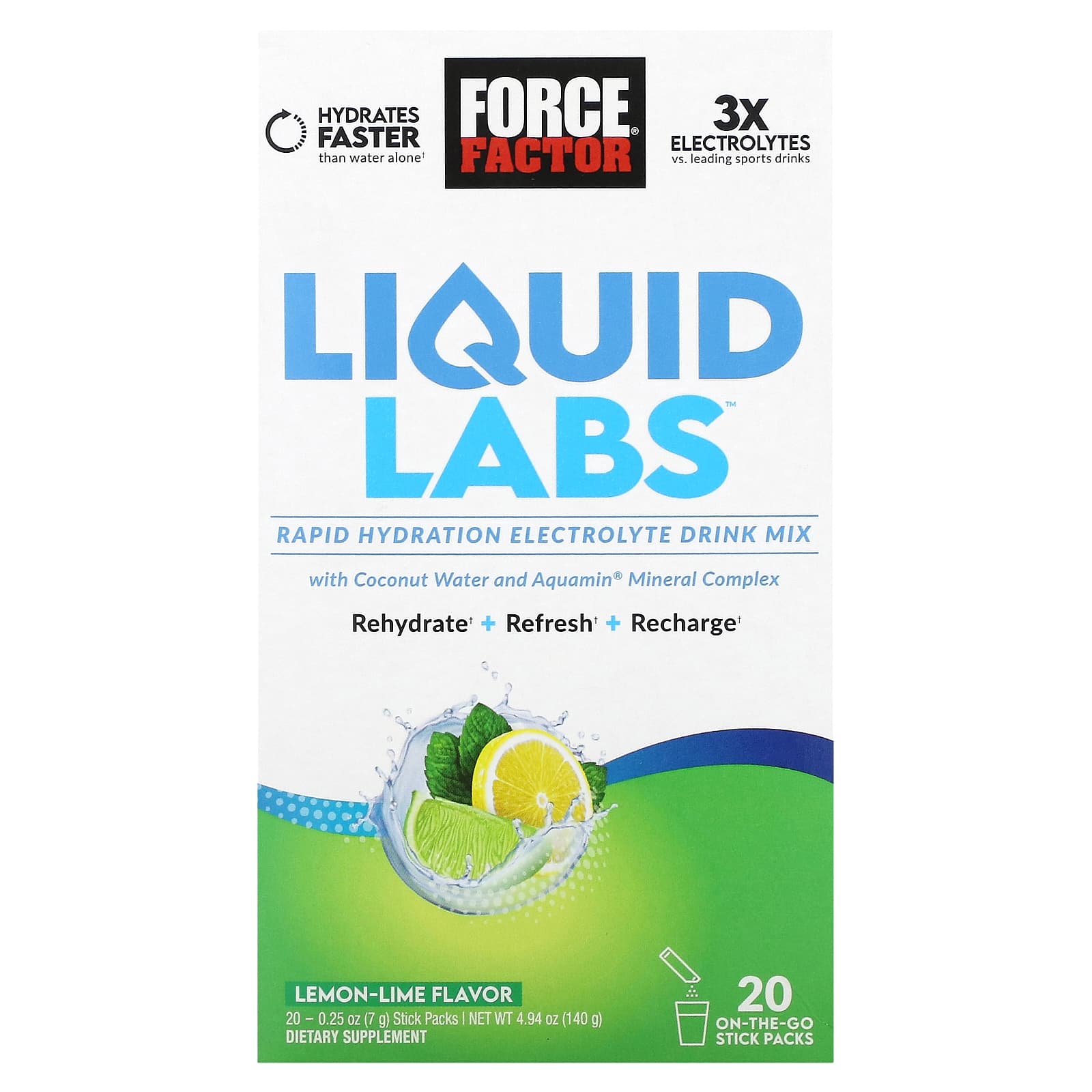 Force Factor-Liquid Labs-Rapid Hydration Electrolyte Drink Mix-Lemon-Lime-20 Stick Packs-0.25 oz (7 g) Each