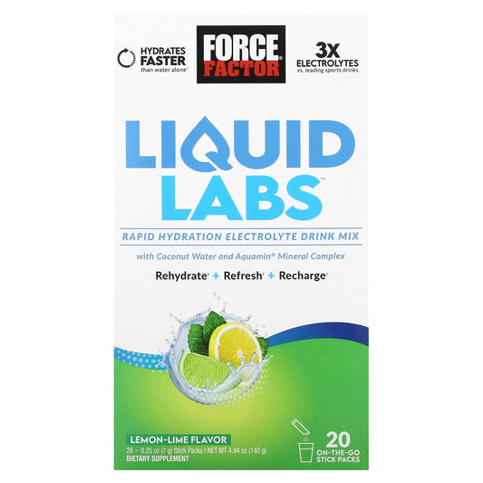 Force Factor-Liquid Labs-Rapid Hydration Electrolyte Drink Mix-Lemon-Lime-20 Stick Packs-0.25 oz (7 g) Each