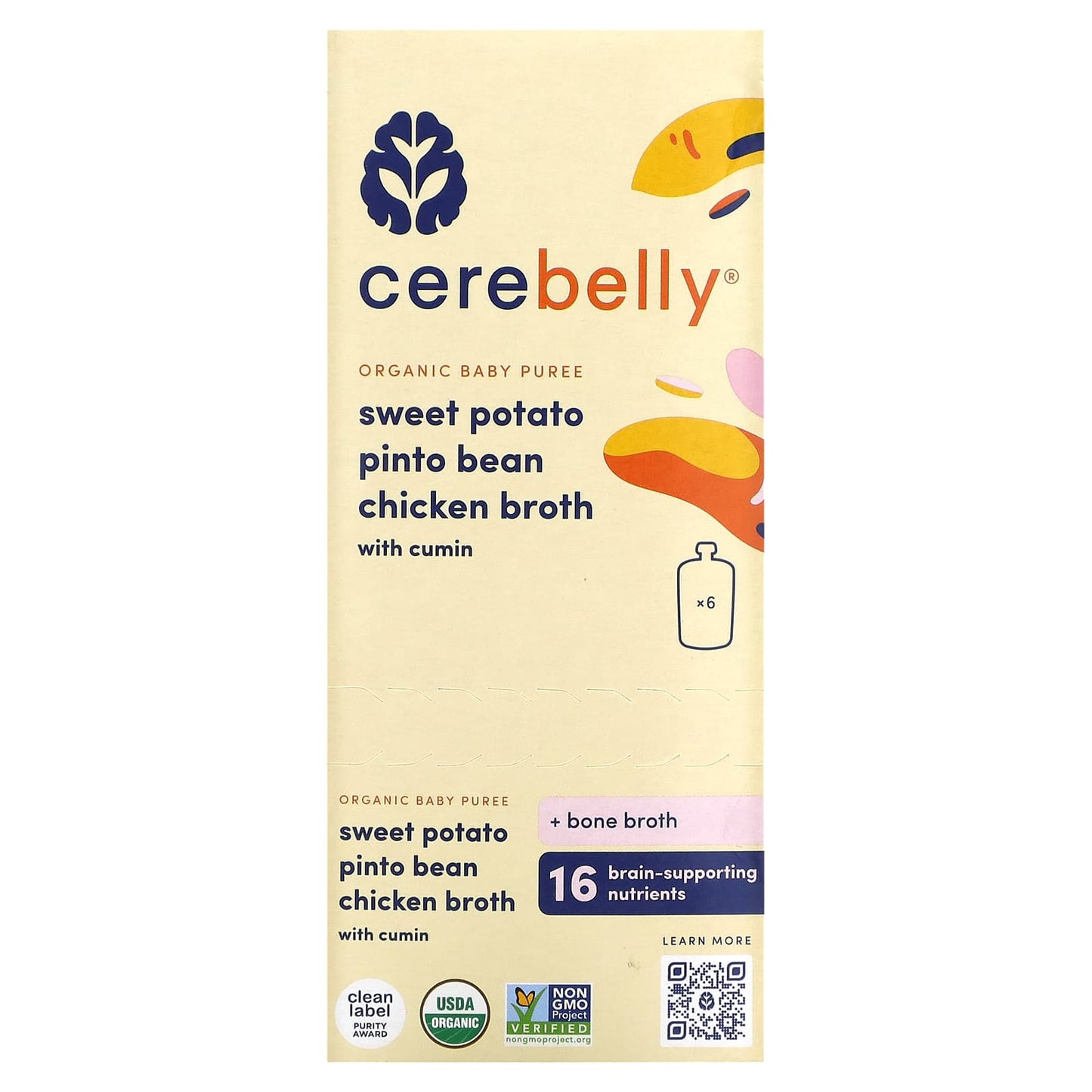 Cerebelly-Organic Baby Puree-Sweet Potato-Pinto Bean-Chicken Broth with Cumin-6 Pouches-4 oz (113 g) Each