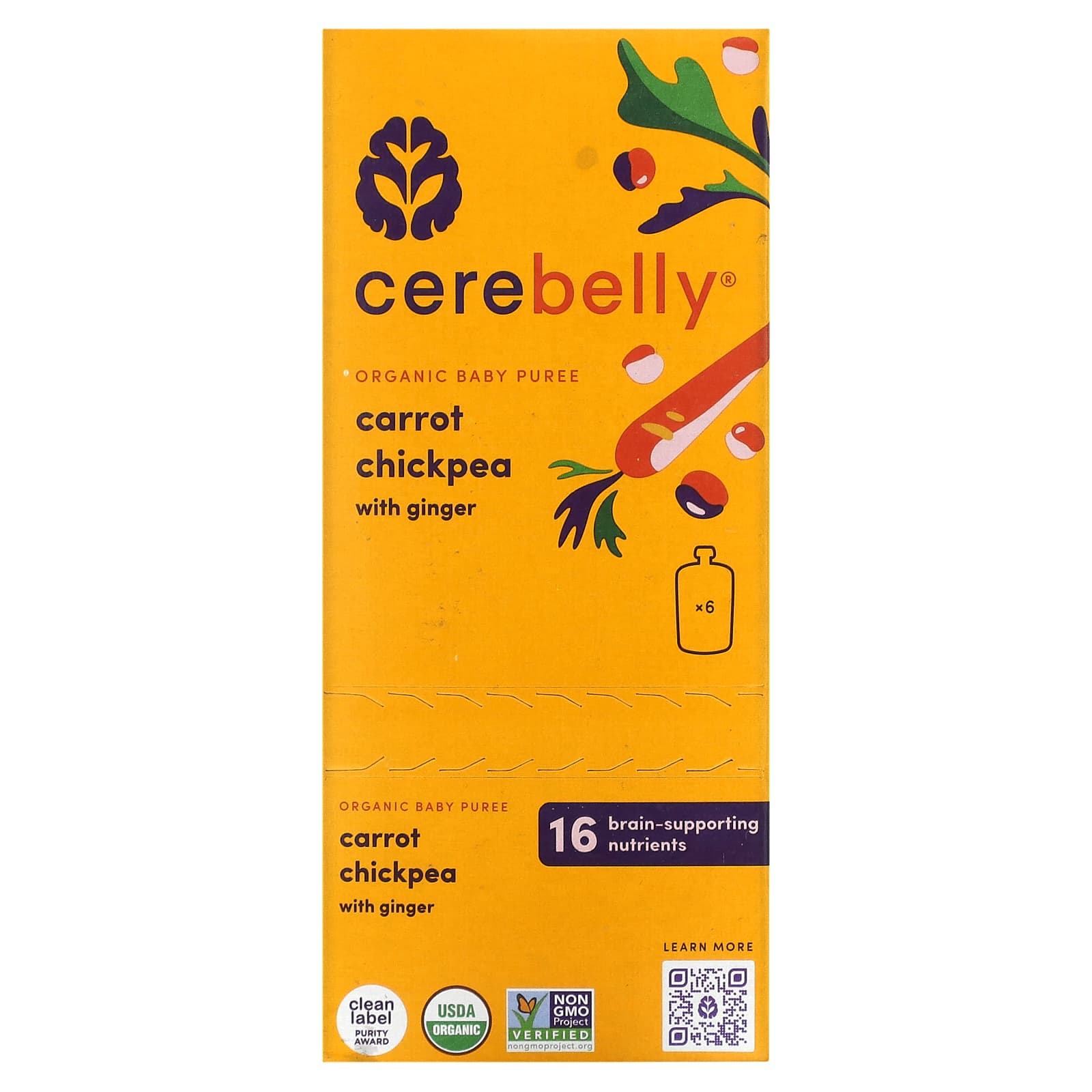 Cerebelly-Organic Baby Puree-Carrot Chickpea with Ginger-6 Pouches-4 oz (113 g) Each