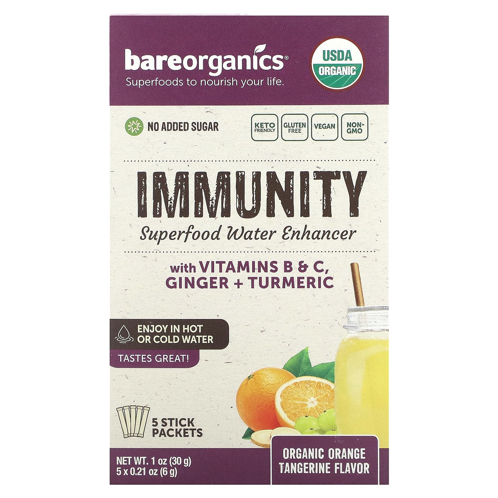 BareOrganics-Immunity-Superfood Water Enhancer-Organic Orange Tangerine-5 Stick Packets-0.21 oz (6 g) Each