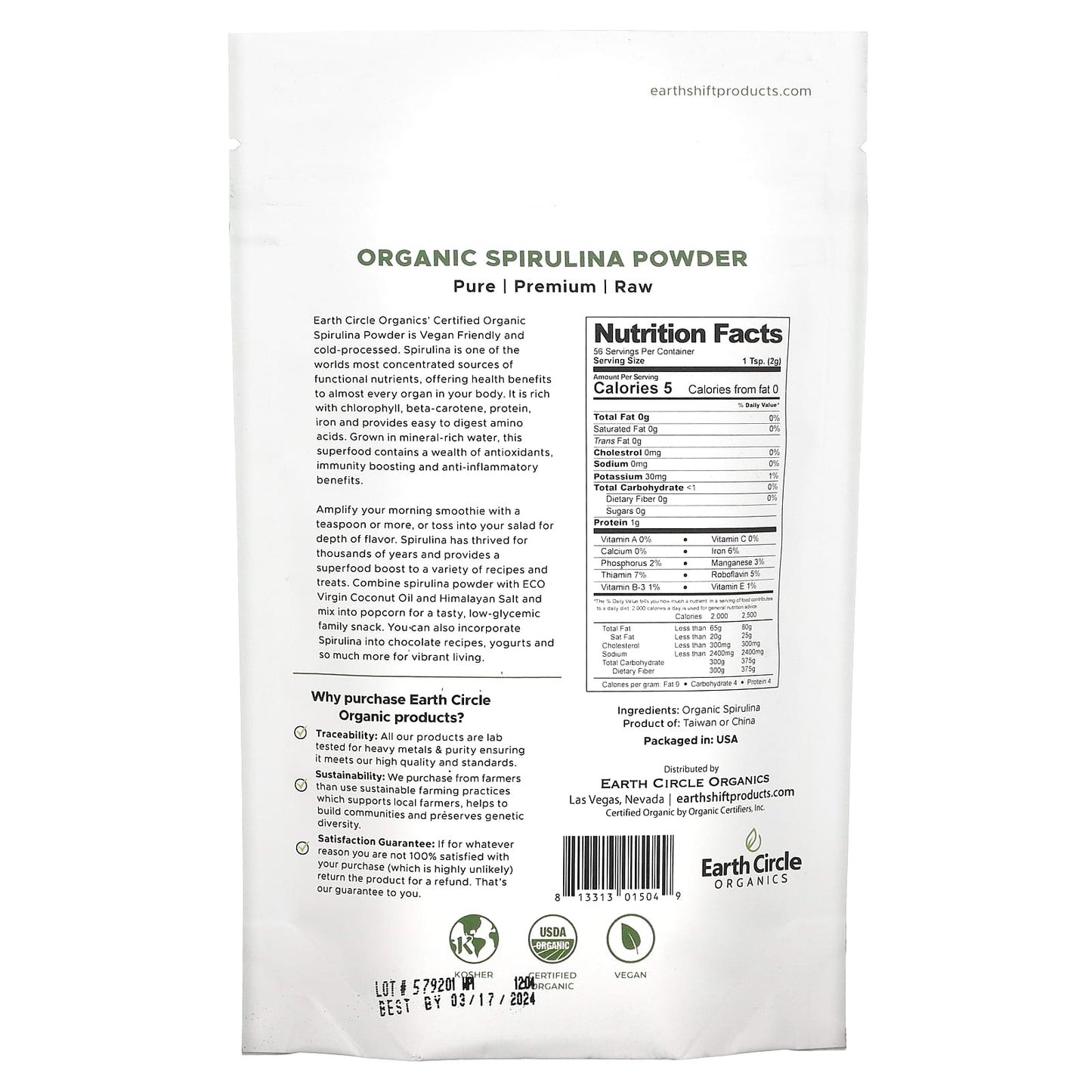 Earth Circle Organics, Organic Spirulina Powder, 4 oz (113.4 g)