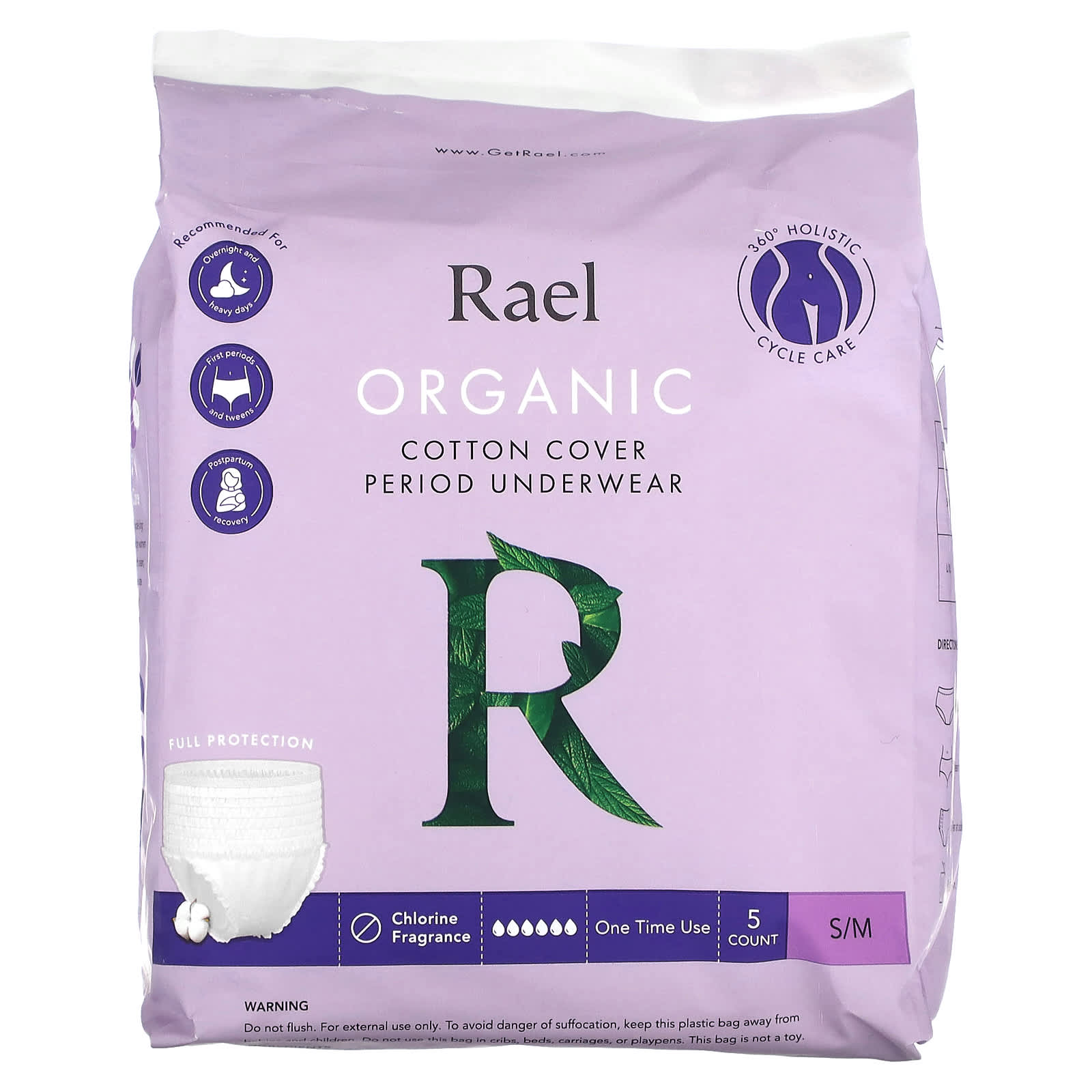 Rael-Organic Cotton Cover Period Underwear-S/M-5 Count