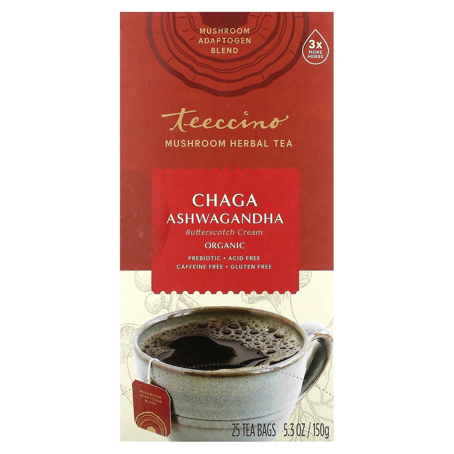 Teeccino-Organic Mushroom Herbal Tea-Chaga Ashwagandha-Butterscotch Cream-Caffeine Free-25 Tea Bags-5.3 oz (150 g)