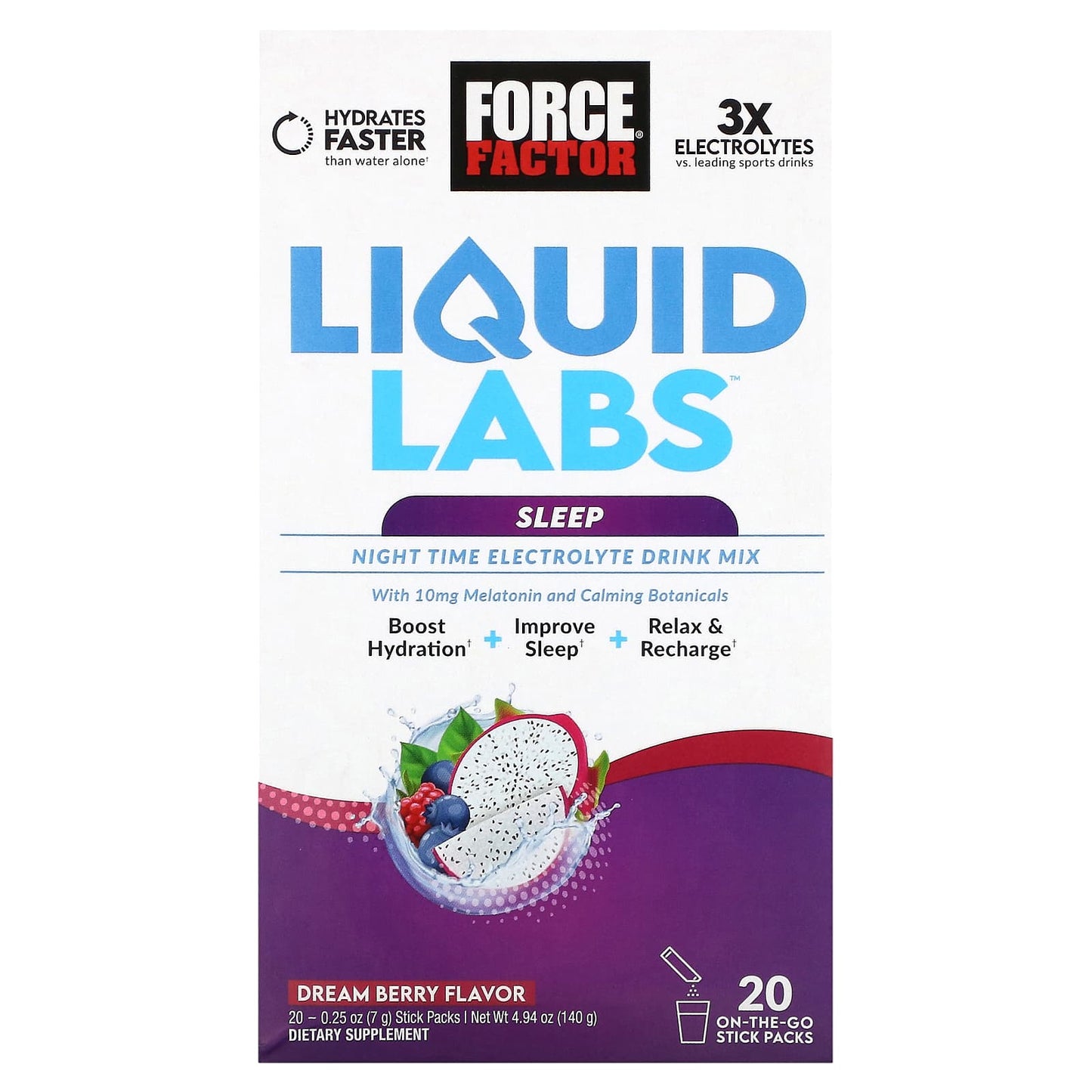 Force Factor-Liquid Labs Sleep-Night Time Electrolyte Drink Mix-Dream Berry-20 Stick Packs-0.25 oz (7 g) Each