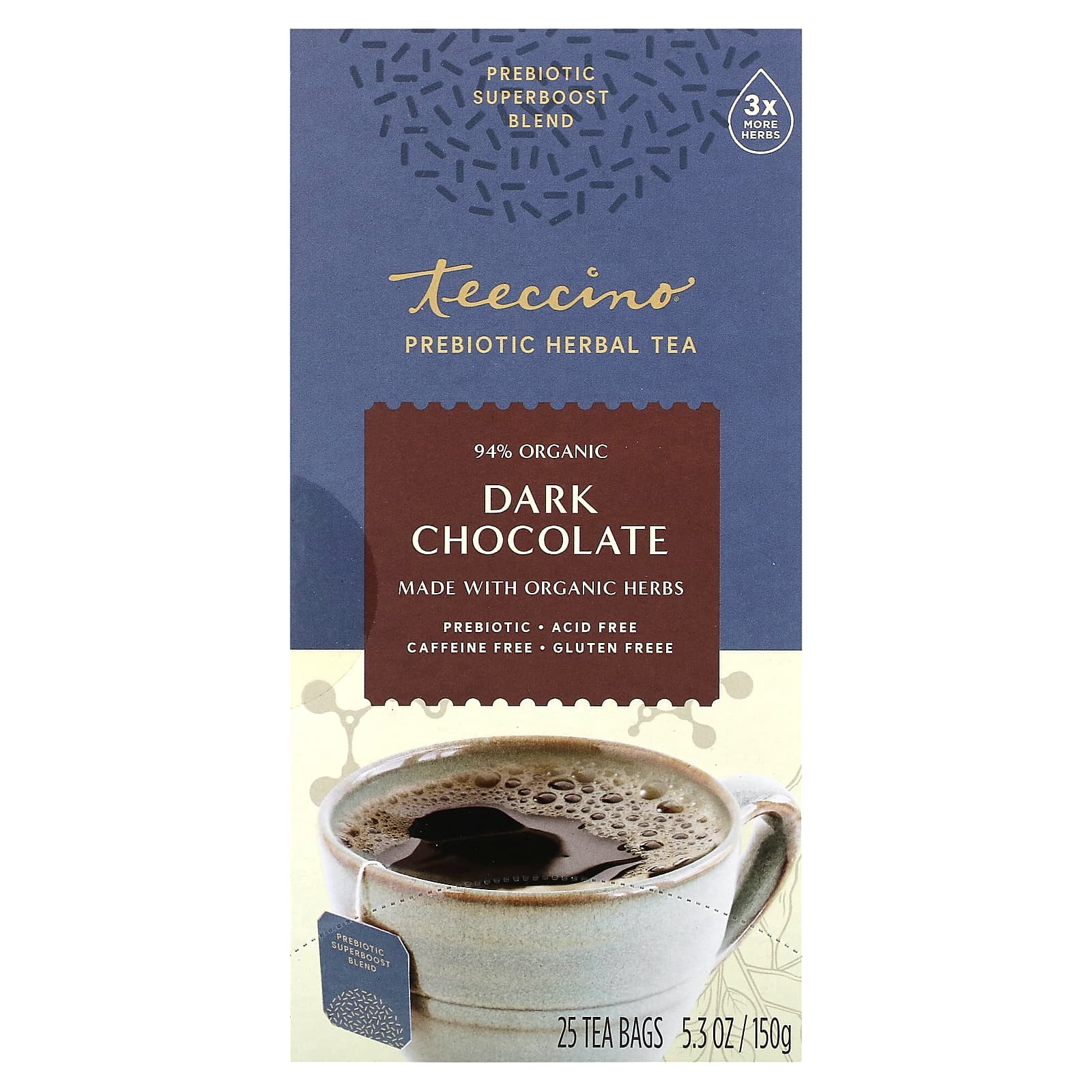 Teeccino-Prebiotic Herbal Tea-Dark Chocolate-Caffeine Free-25 Tea Bags-5.3 oz (150 g)