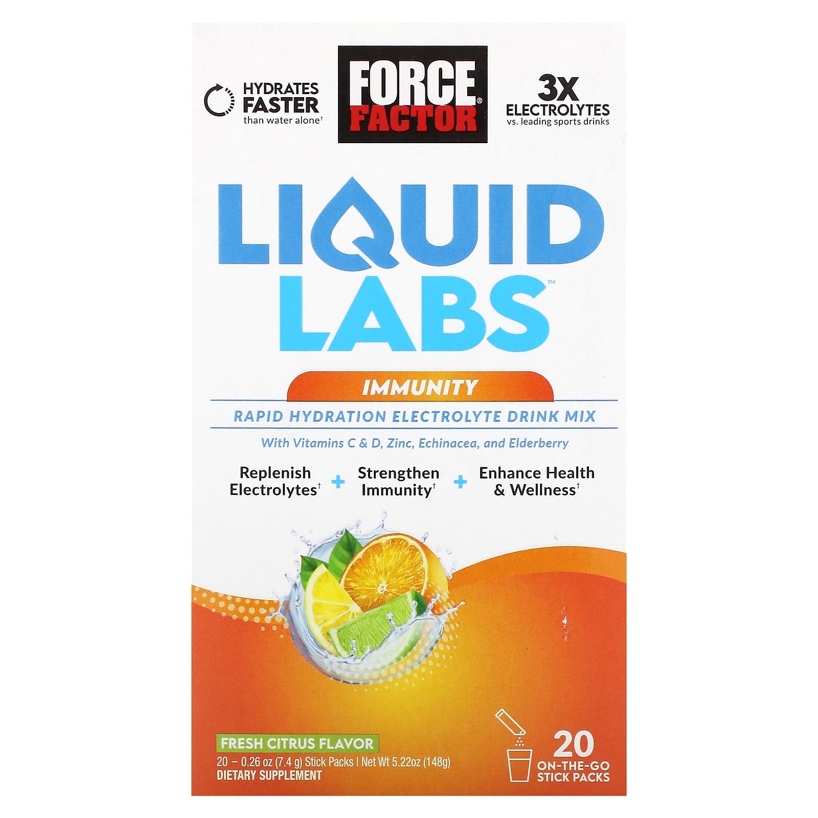 Force Factor-Liquid Labs Immunity-Rapid Hydration Electrolyte Drink Mix-Fresh Citrus-20 Stick Packs-0.26 oz (7.4 g) Each