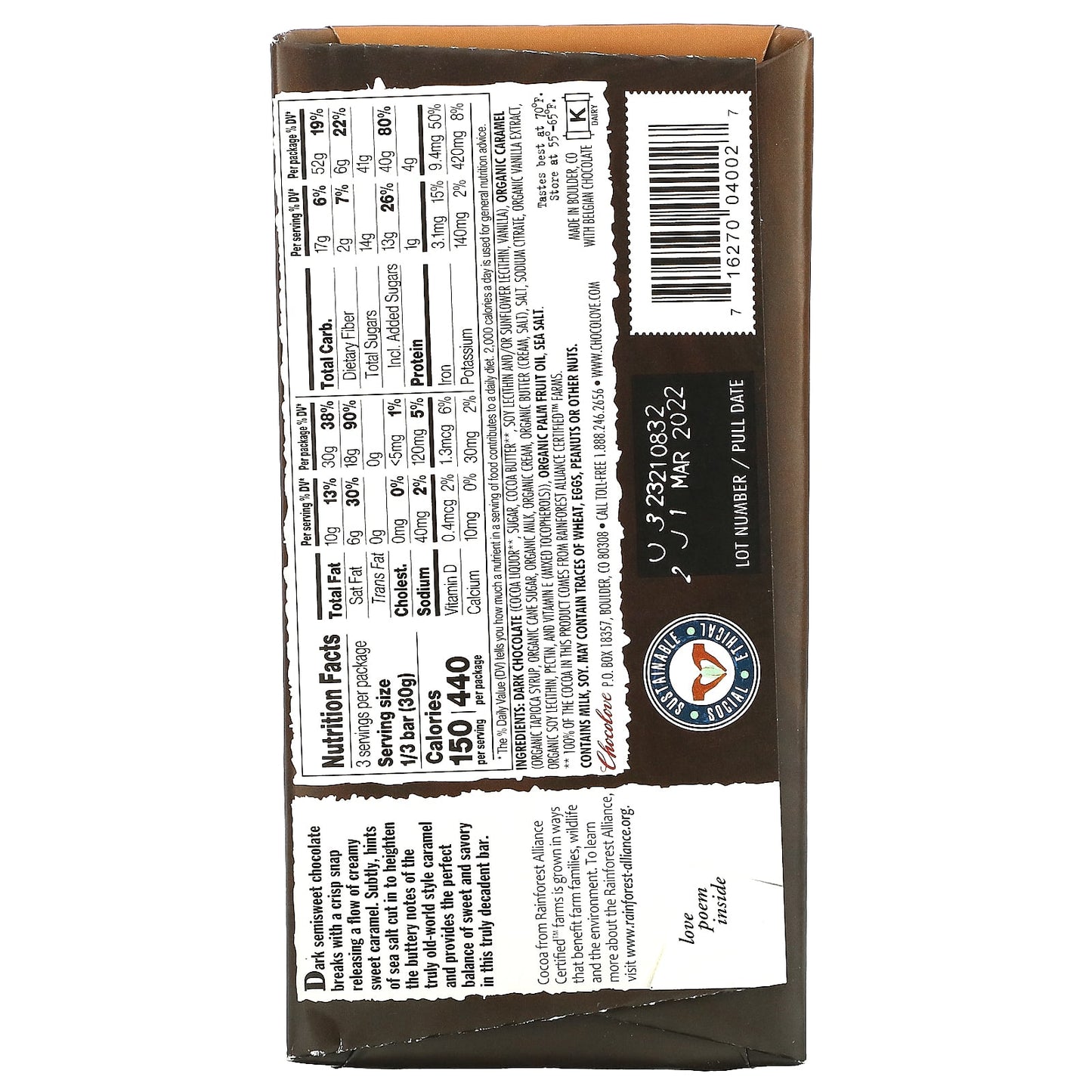 Chocolove, Filled Salted Caramel in Dark Chocolate, 55% Cocoa, 3.2 oz (90 g)