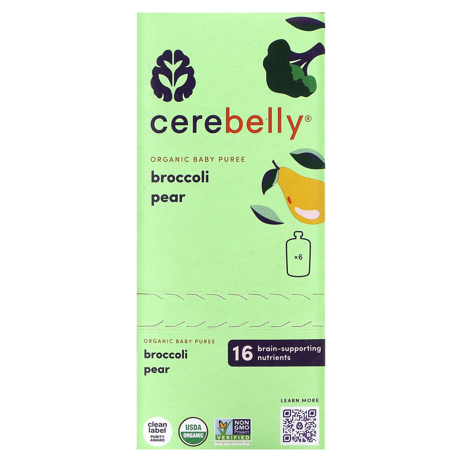 Cerebelly-Organic Baby Puree-Broccoli Pear-6 Pouches-4 oz (113 g) Each