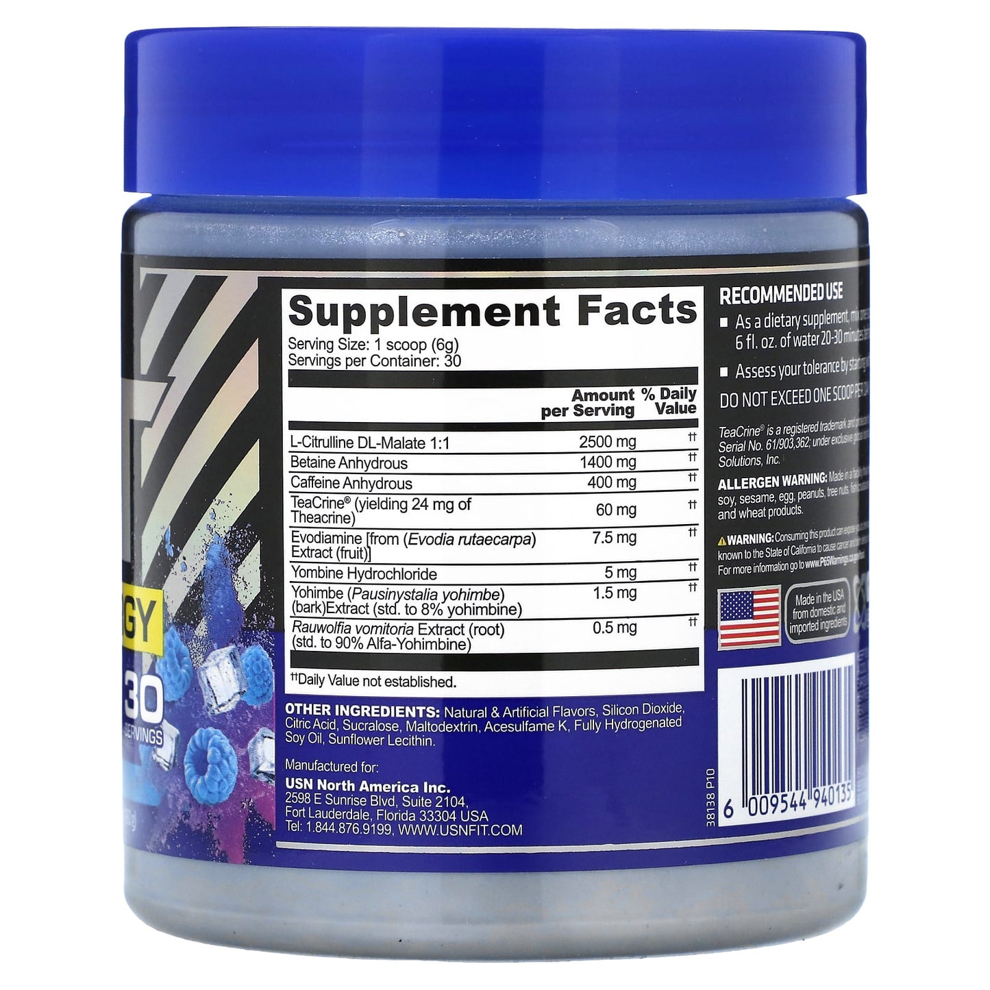 USN, 3XT Max Energy, High Stimulant & Thermogenic Pre-Workout, Blue Raspberry , 6.35 oz (180 g)