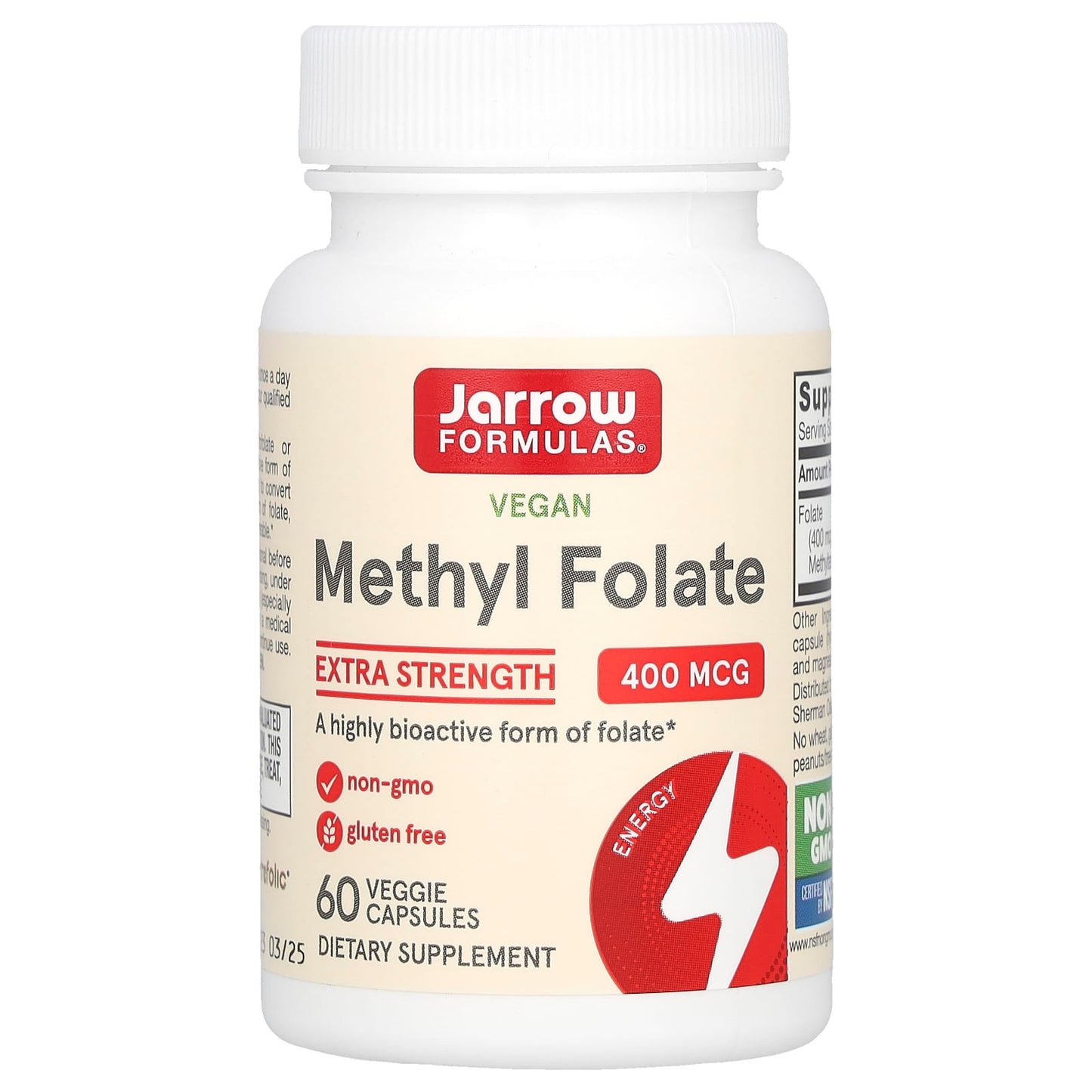 Jarrow Formulas-Vegan Methyl Folate-Extra Strength-400 mcg-60 Veggie Capsules