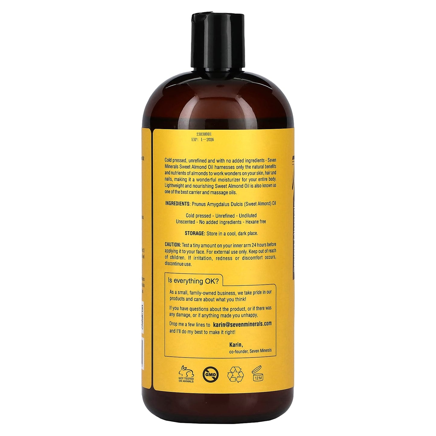 Seven Minerals, Sweet Almond Oil, Cold Pressed & Unrefined, Unscented, 32 fl oz (950 ml)