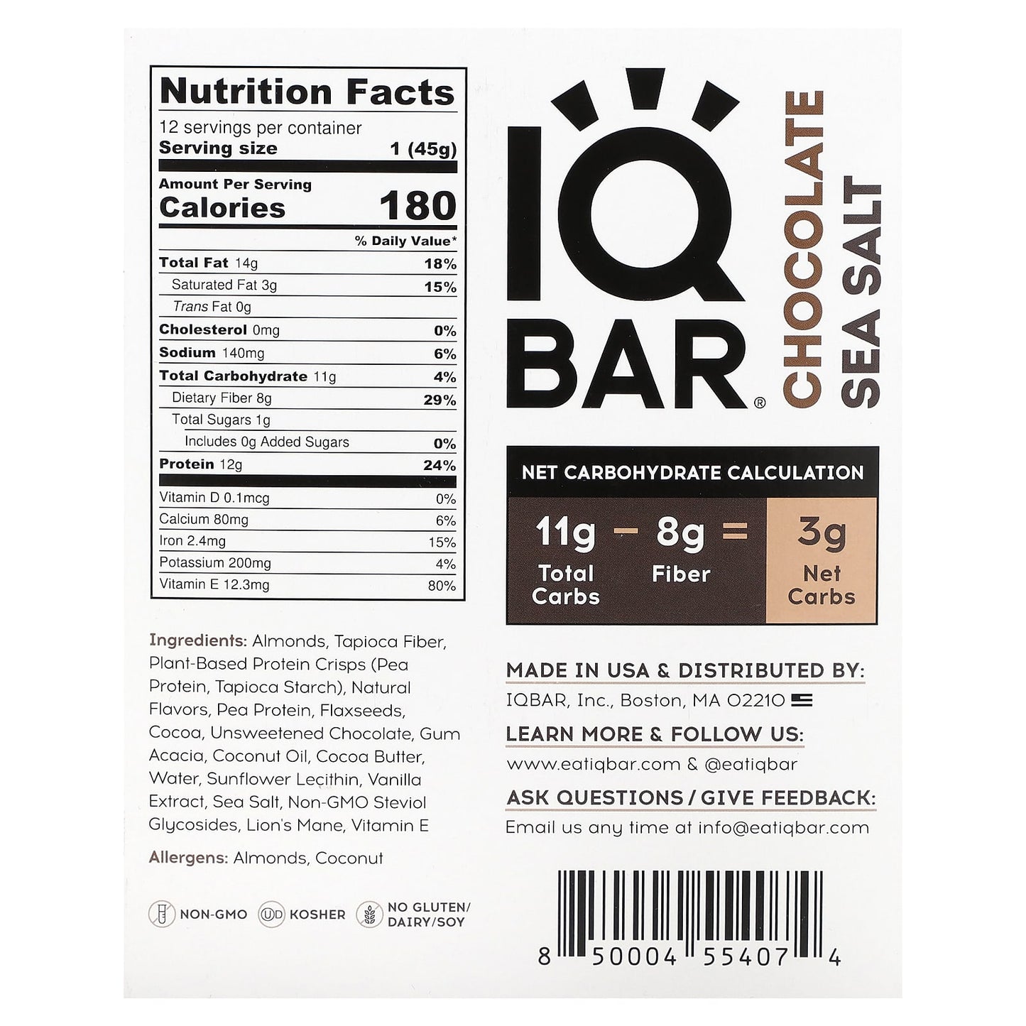 IQBAR, Plant Protein Bar,  Chocolate Sea Salt, 12 Bars, 1.6 oz (45 g) Each