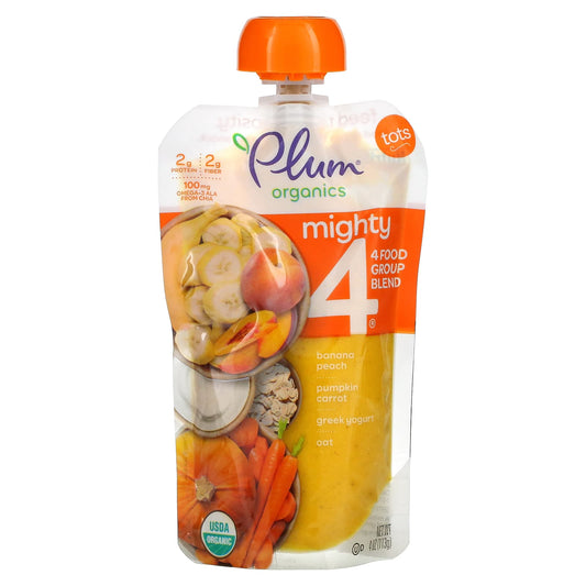 Plum Organics-Mighty 4-4 Food Group Blend-Tots-Banana-Peach-Pumpkin-Carrot-Greek Yogurt-Oat-4 oz (113 g)