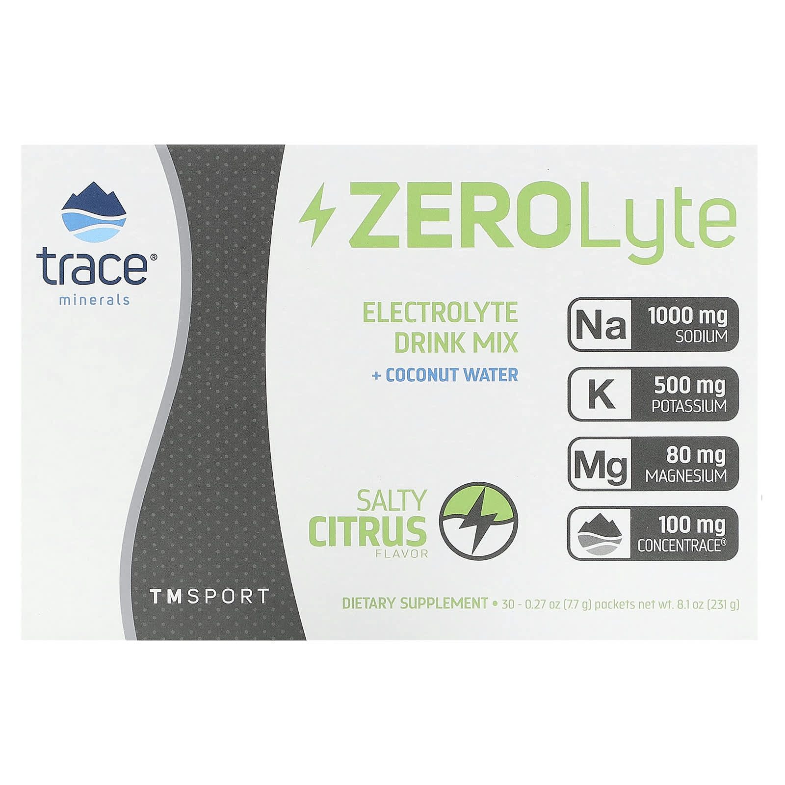 Trace Minerals ®-ZeroLyte Electrolyte Drink Mix-Salty Citrus-30 Packets-0.27 oz (7.7 g) Each