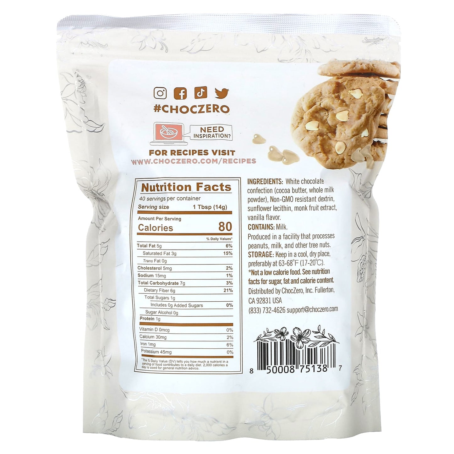 ChocZero, Baking Chips, White, 20 oz (560 g)