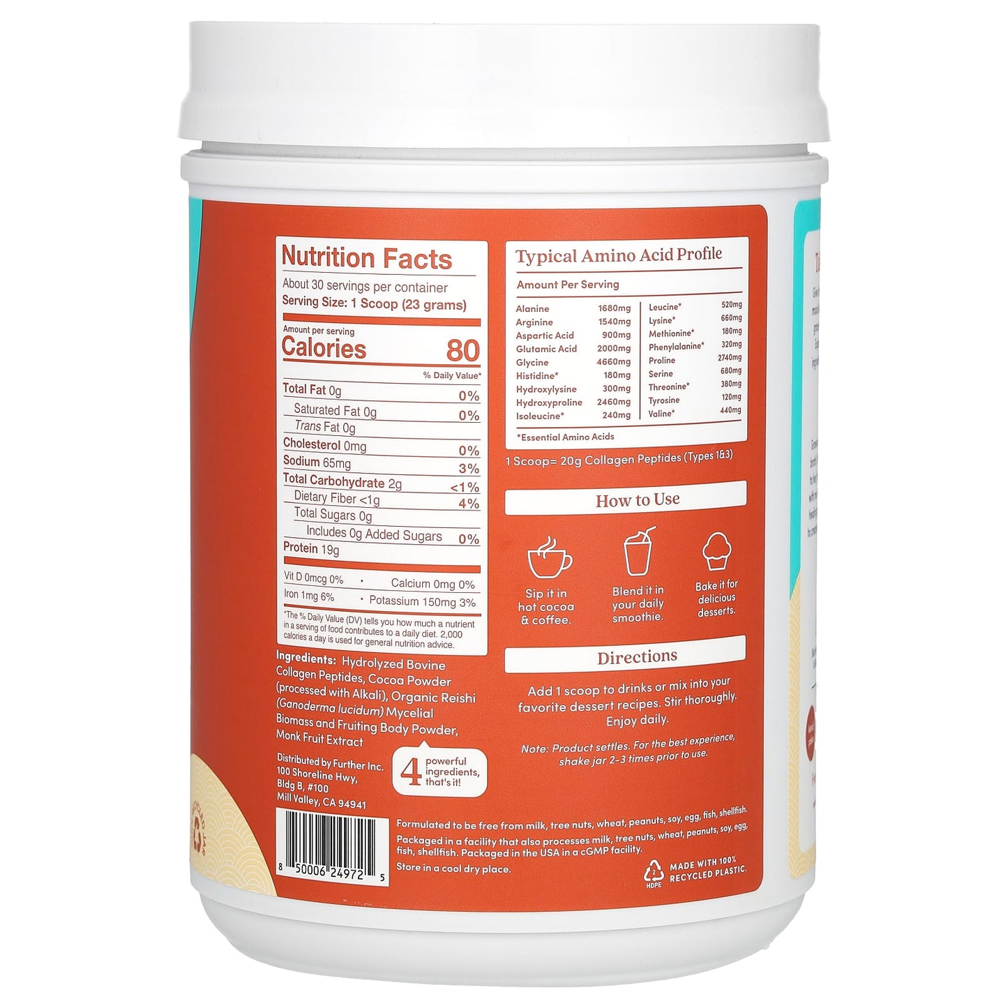 Further Food, Grass-Fed Collagen Peptides + Reishi Mushroom, Chocolate, 1.8 lbs (690 g)