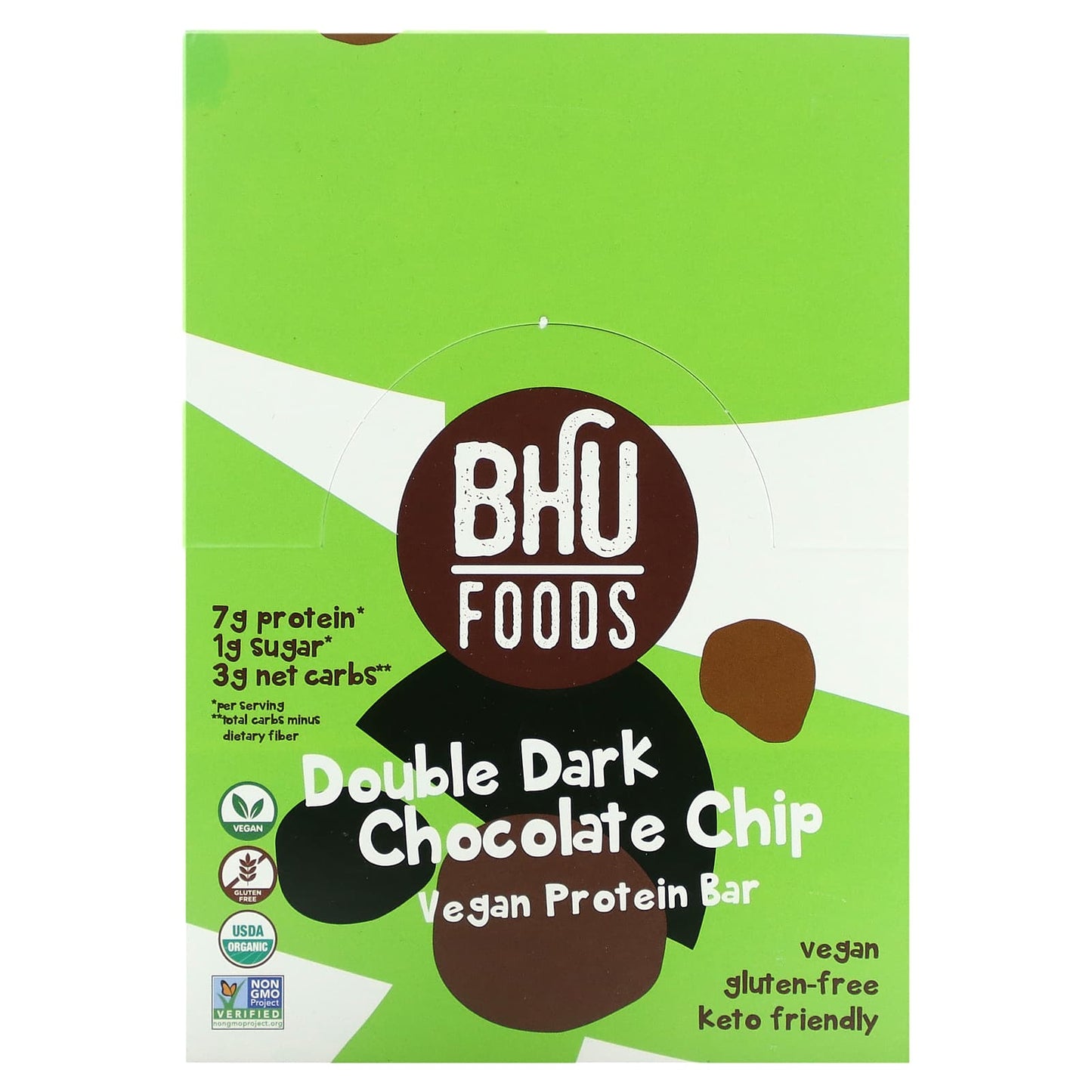 BHU Foods-Vegan Protein Bar-Double Dark Chocolate Chip-12 Bars-1.6 oz (45 g) Each